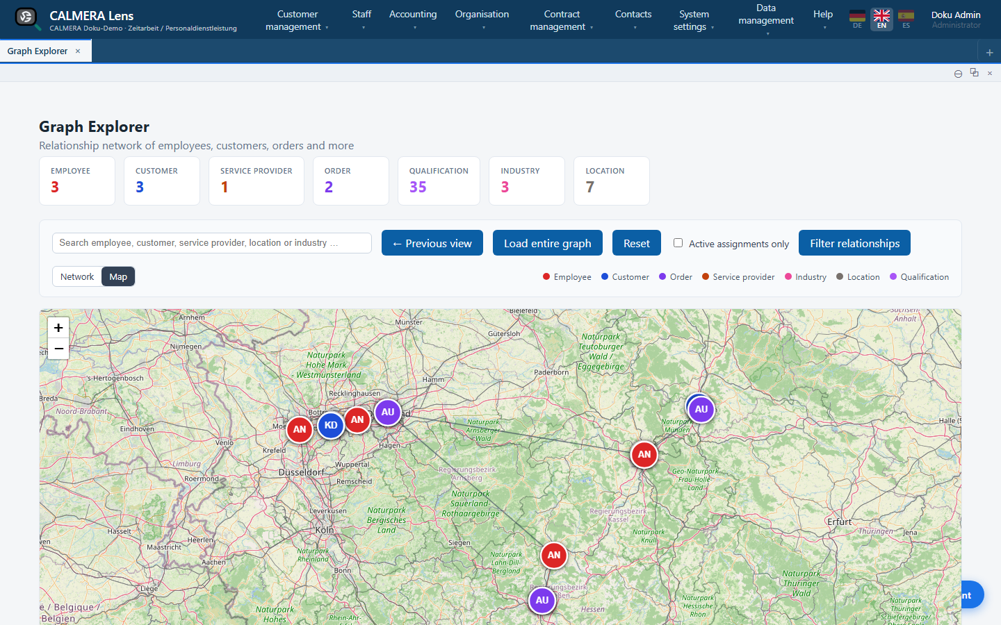 CALMERA Lens, Graph-Explorer: dieselben Beziehungen auf der Landkarte