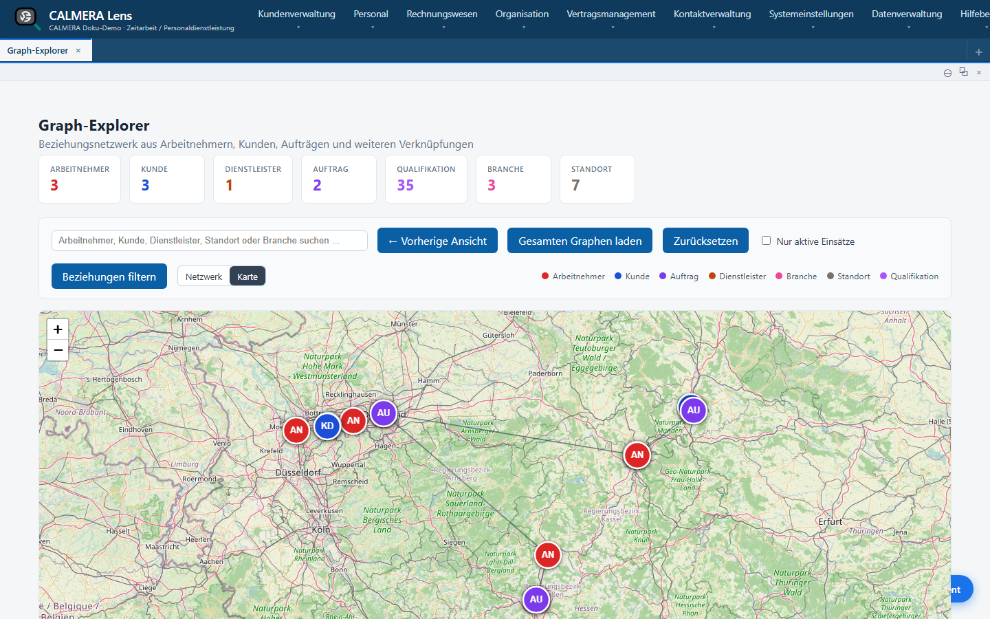 CALMERA Lens, Graph-Explorer: dieselben Beziehungen auf der Landkarte